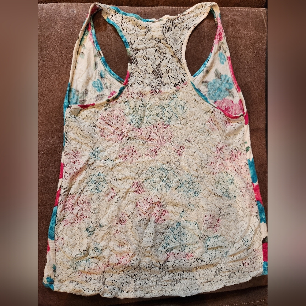 Teal & Hot Pink Rose Lace-Back Tank Top Sz. S - Picture 2 of 3
